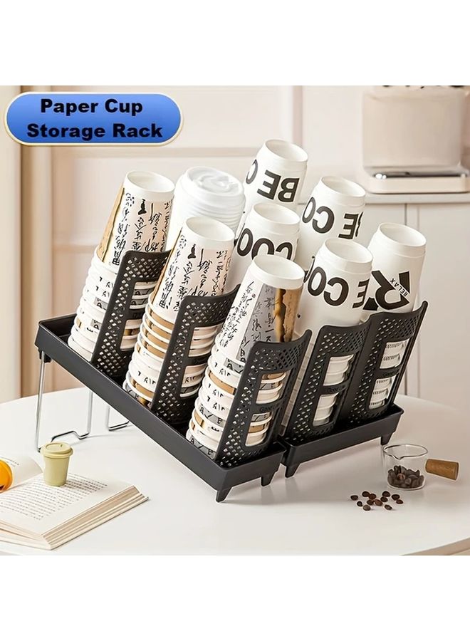 Black Two Row Foldable 3 Tier Cup Organizer Tilted Flat Load Compact Kitchen Office Storage - Image 1