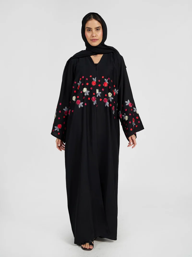 Floral Embroidered Black Abaya with Flare Sleeves