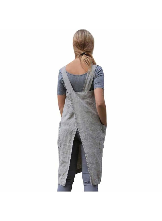 VLZUFE Cotton Linen Apron for women Cross Back Apron Pinafore Dress for Baking Cooking Gardening Work, Orange, L - Image 3