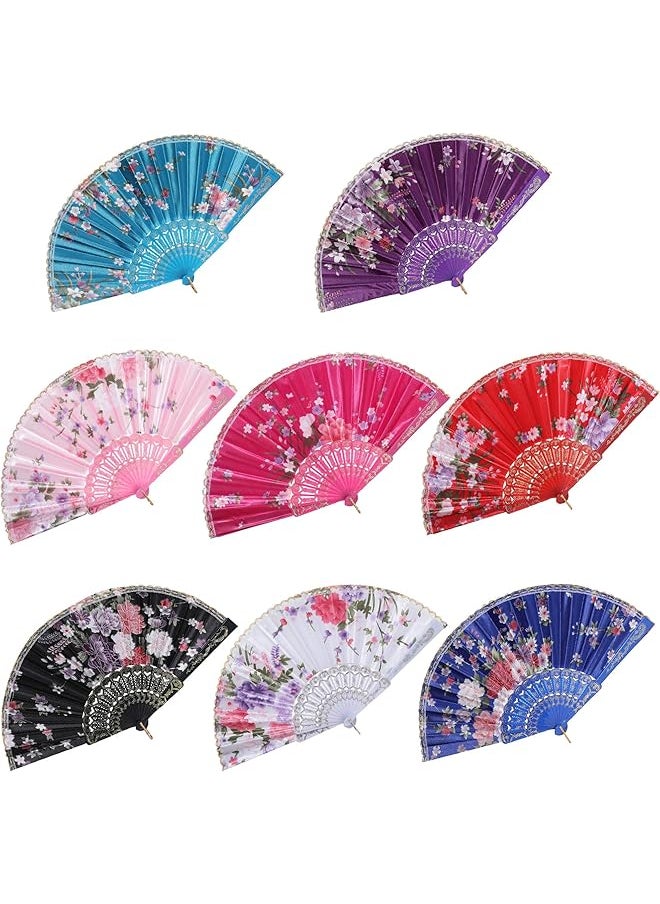 AMGREEN - Folding Fans, Chinese Fan, 8PCS Floral Folding Hand Fan, Silk Bamboo Foldable Fan, Vintage Handheld Lace Folding Fan with Different Flower Patterns Fabric Folding Fan for Dancing Party - Image 1