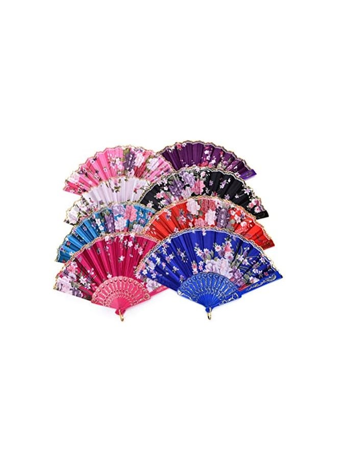 AMGREEN - Folding Fans, Chinese Fan, 8PCS Floral Folding Hand Fan, Silk Bamboo Foldable Fan, Vintage Handheld Lace Folding Fan with Different Flower Patterns Fabric Folding Fan for Dancing Party - Image 1