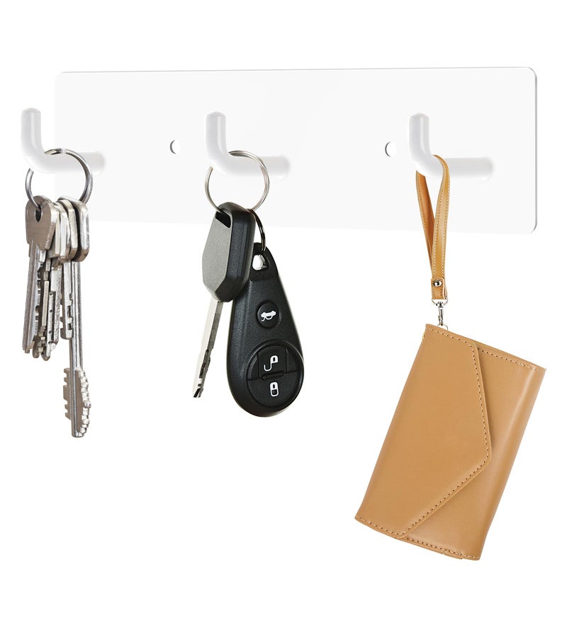 RELBRO Key Holder Wall Mount, Small Metal Self Adhesive Key Rack with 3 Hooks, 2 Installation Options, White - Image 1
