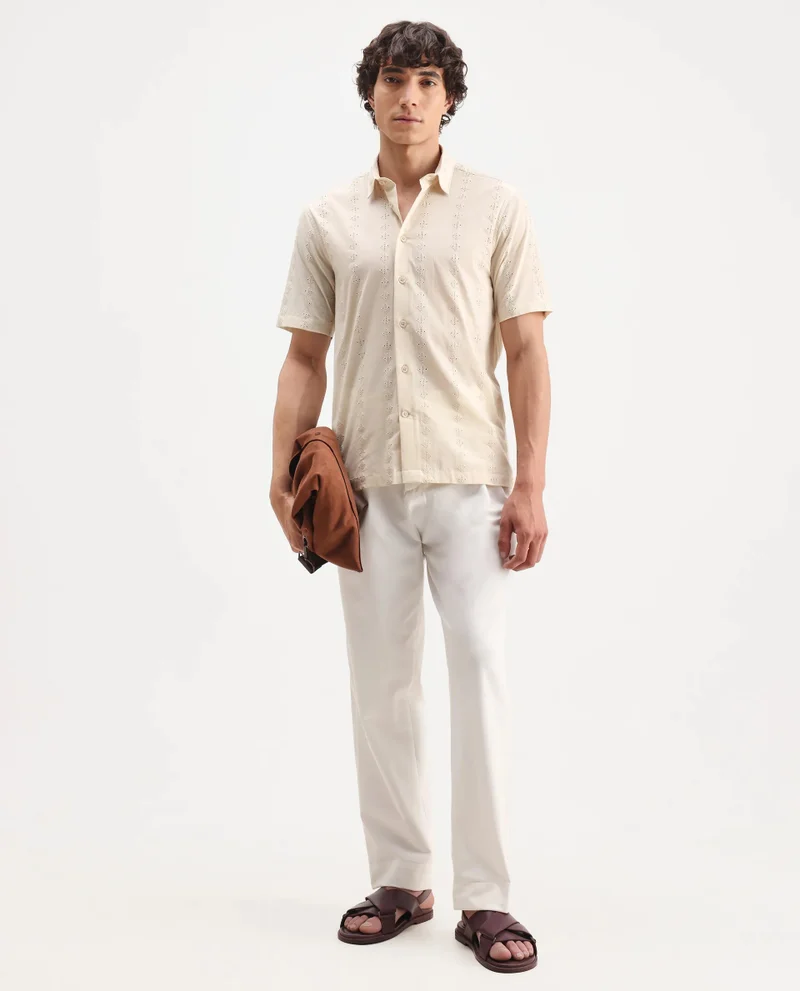 Rare Rabbit Rare Rabbit Men's Shen Beige Cotton Fabric Short Sleeve Collared Neck Button Closure Embroidered Shirt