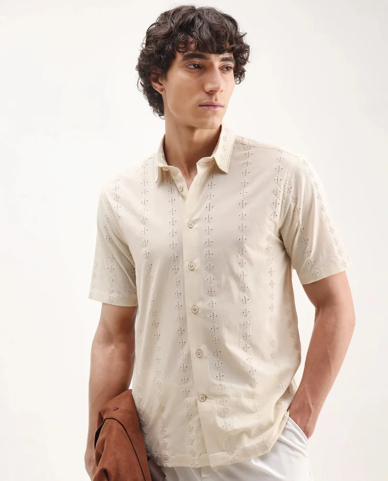 Rare Rabbit Rare Rabbit Men's Shen Beige Cotton Fabric Short Sleeve Collared Neck Button Closure Embroidered Shirt