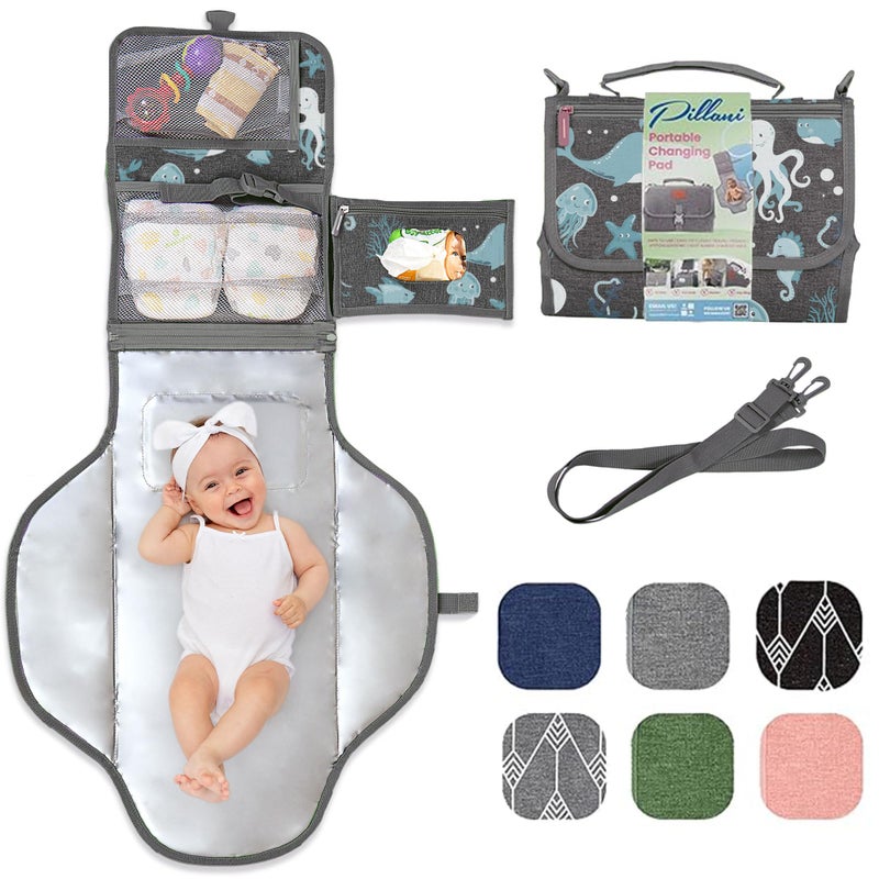 PILLANI Portable Changing Pad for Baby, Travel Diaper Changing Pad for Newborn, Large Waterproof Baby Changing Mat, Foldable & Detachable Diaper Changing Station with Baby Wipes Pockets, Baby Stuff by Pillani - Image 1