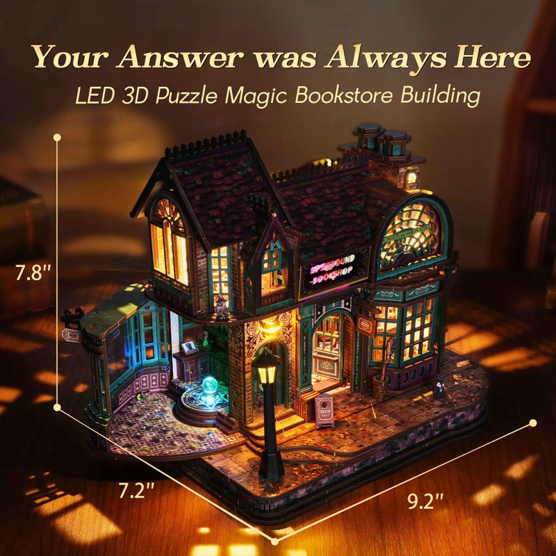 FUNPOLA 3D Wooden Puzzle Magic Bookstore with LED Lights - DIY Miniature Kit, Spellbound Bookshop, Home DÃ©cor Display, Creative Gift for Adults and Teens - Image 3