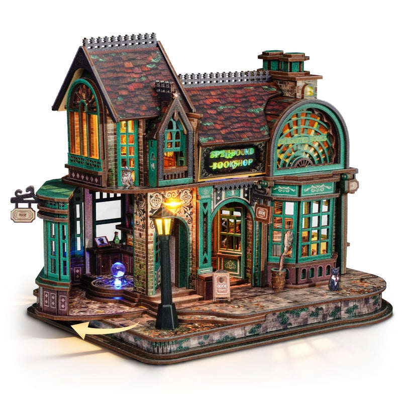 FUNPOLA 3D Wooden Puzzle Magic Bookstore with LED Lights - DIY Miniature Kit, Spellbound Bookshop, Home DÃ©cor Display, Creative Gift for Adults and Teens - Image 1