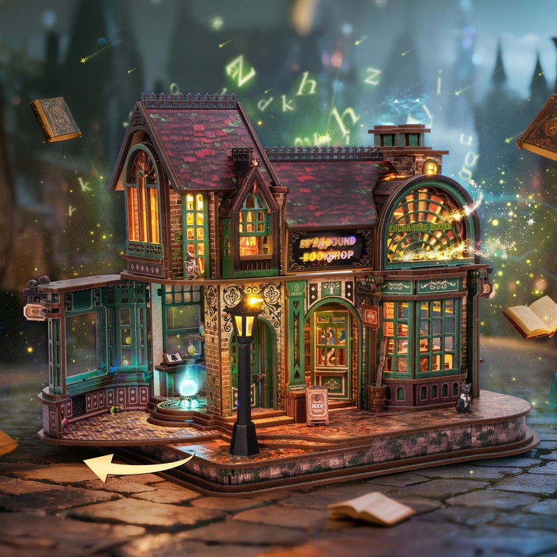 FUNPOLA 3D Wooden Puzzle Magic Bookstore with LED Lights - DIY Miniature Kit, Spellbound Bookshop, Home DÃ©cor Display, Creative Gift for Adults and Teens - Image 2