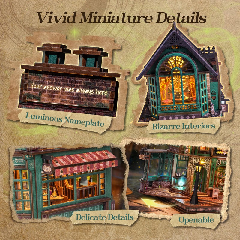FUNPOLA 3D Wooden Puzzle Magic Bookstore with LED Lights - DIY Miniature Kit, Spellbound Bookshop, Home DÃ©cor Display, Creative Gift for Adults and Teens - Image 4