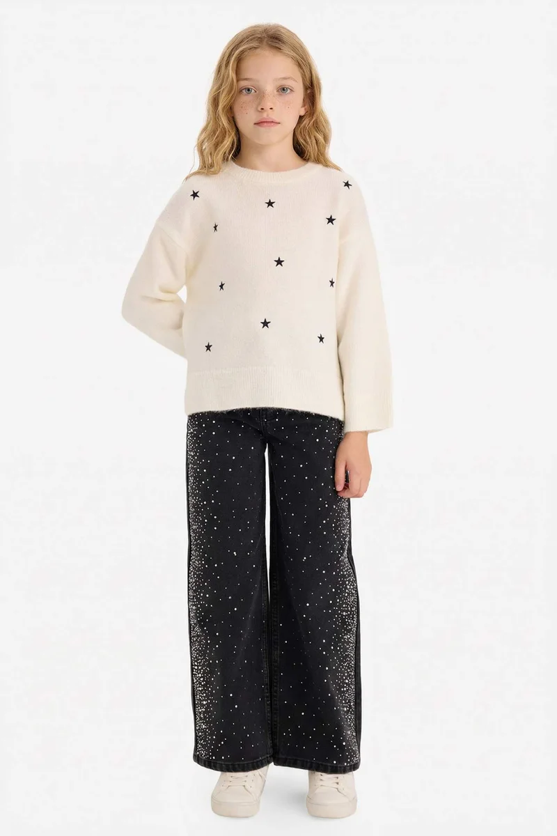 ديفاكتو Girl Regular Fit Embroidered Crew Neck Pullover