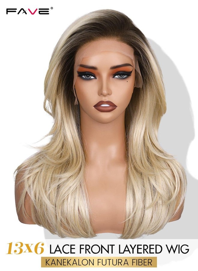 FAVE 13x6 Lace Front Wig 18 Inch Blonde Layered Glueless Wig Pre Plucked Hairline Natural Density Kanekalon Futura Synthetic Wigs for Women Ombre Ash Blonde - Image 2
