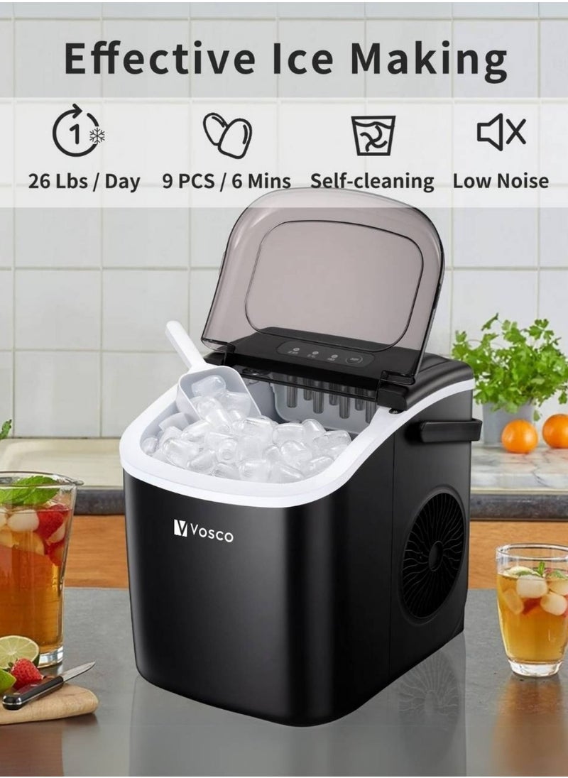 Vosco Ice Maker Portable – 12Kg/24H (26 lbs/24H), 9 Cubes in 6 Mins, 1.2L Tank, Compact & Fast Ice Machine for Home, Office, Kitchen – Black  - Image 2
