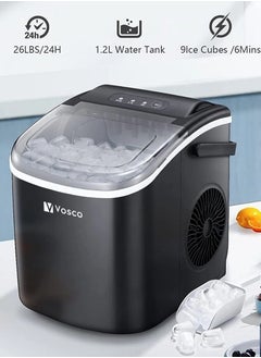 Vosco Ice Maker Portable – 12Kg/24H (26 lbs/24H), 9 Cubes in 6 Mins, 1.2L Tank, Compact & Fast Ice Machine for Home, Office, Kitchen – Black  - Image 1