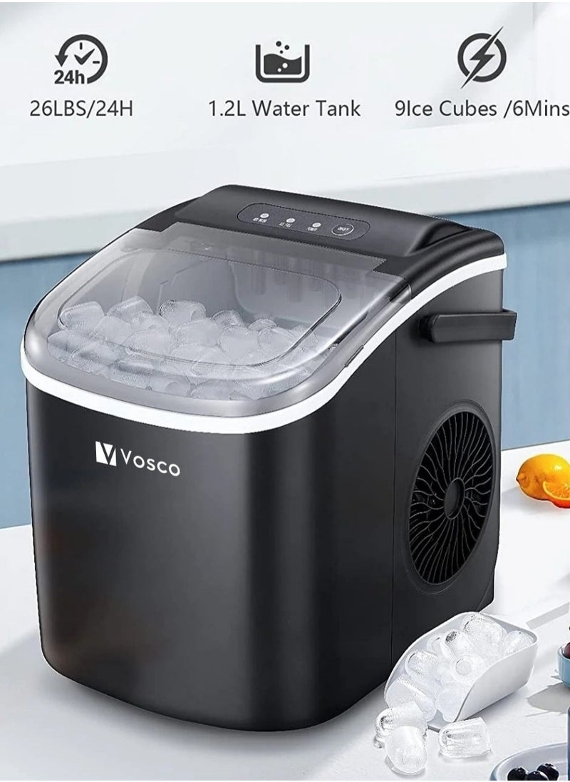 Vosco Ice Maker Portable – 12Kg/24H (26 lbs/24H), 9 Cubes in 6 Mins, 1.2L Tank, Compact & Fast Ice Machine for Home, Office, Kitchen – Black  - Image 1