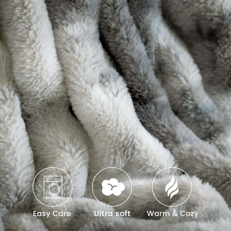 blunique Oversized Ruched Faux Fur Blanket - 60x80-Inch Extra Soft  Dual-Sided Flannel & Faux Fur Throw | Luxury Couch & Bed Blanket  Grey - Image 3