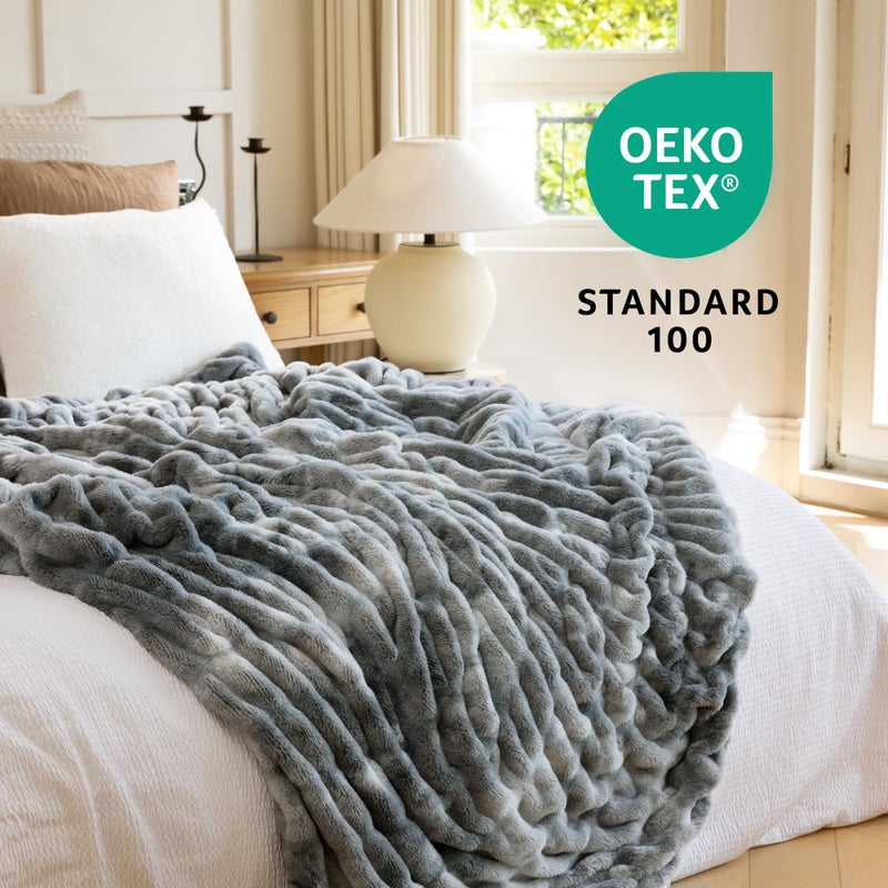 blunique Oversized Ruched Faux Fur Blanket - 60x80-Inch Extra Soft  Dual-Sided Flannel & Faux Fur Throw | Luxury Couch & Bed Blanket  Grey - Image 5