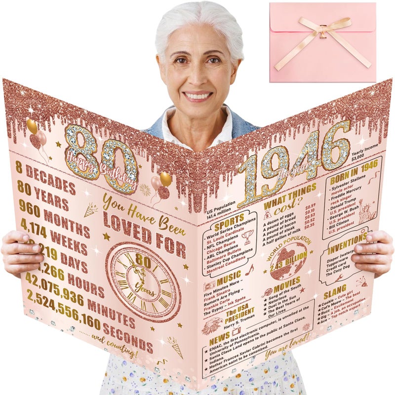 Turypaty Large 80th Birthday Card With Envelope for Women Pink Rose Gold The Year 1946 Happy 80th Birthday Giant Guest Signature Book Gift Extra Big Eighty Greeting Card Decoration Party Supply