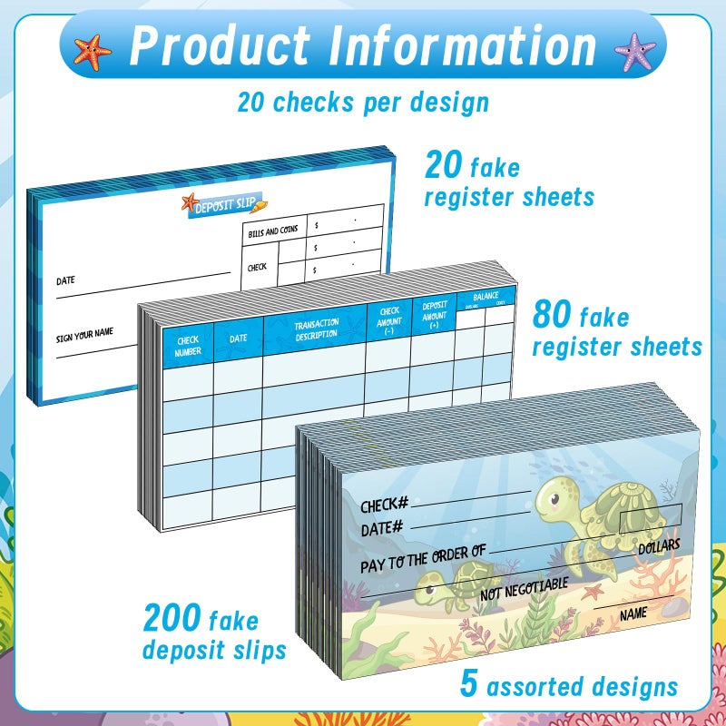 Trandraft 300 Sheets Fake Checkbook Learning With Pretend Deposit Slip And Check Register Pretend Play  School Supplies  Ocean Themed - Image 3