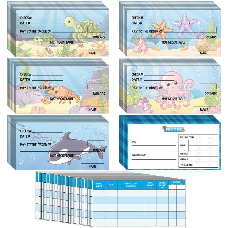 Trandraft 300 Sheets Fake Checkbook Learning With Pretend Deposit Slip And Check Register Pretend Play  School Supplies  Ocean Themed - Image 1