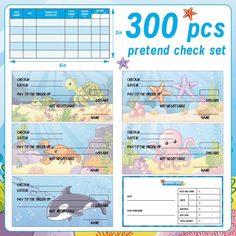 Trandraft 300 Sheets Fake Checkbook Learning With Pretend Deposit Slip And Check Register Pretend Play  School Supplies  Ocean Themed - Image 2