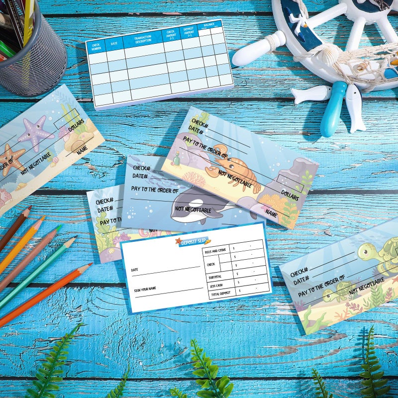 Trandraft 300 Sheets Fake Checkbook Learning With Pretend Deposit Slip And Check Register Pretend Play  School Supplies  Ocean Themed - Image 4
