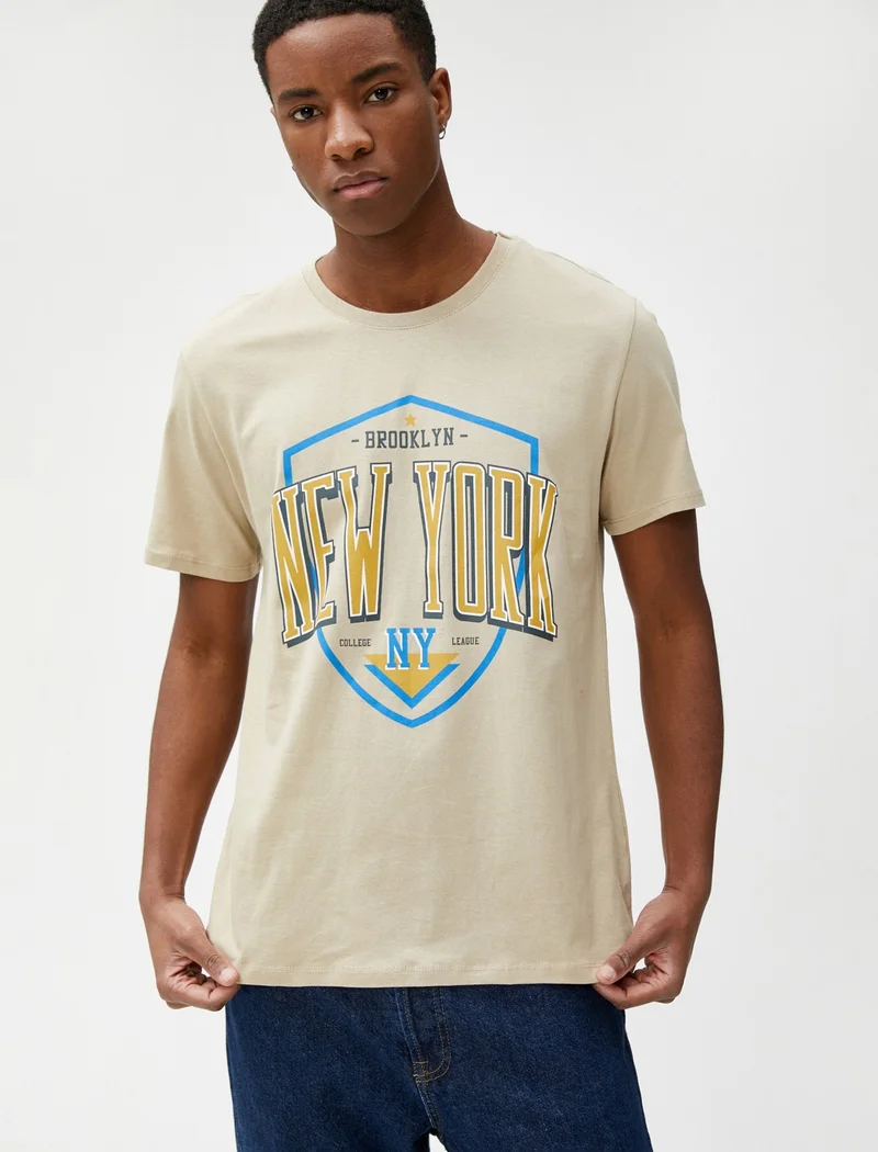 كوتون College T-Shirt Printed Short Sleeve Slim Fit Crew Neck