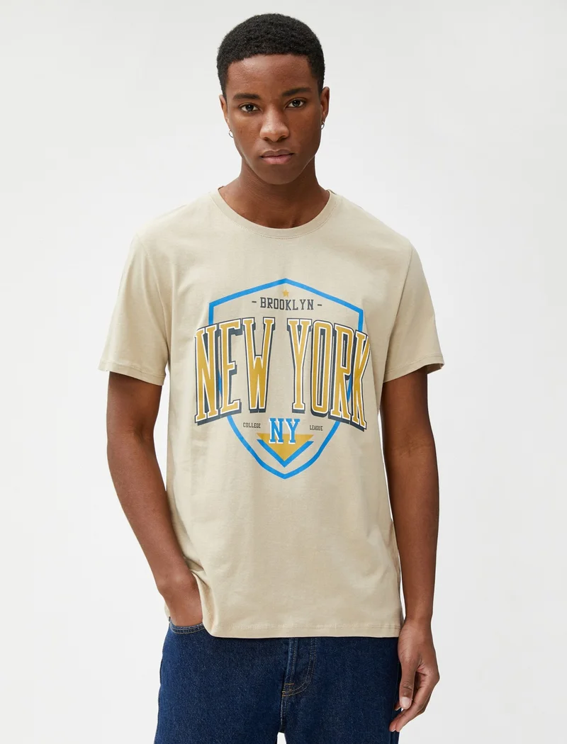 كوتون College T-Shirt Printed Short Sleeve Slim Fit Crew Neck