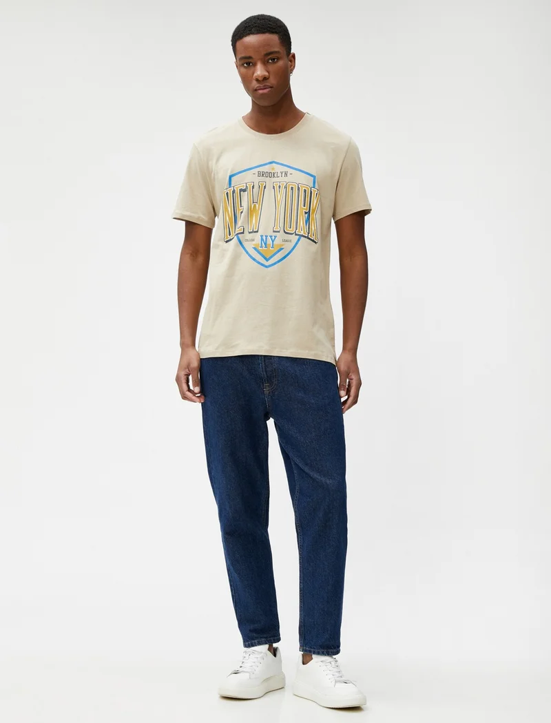 كوتون College T-Shirt Printed Short Sleeve Slim Fit Crew Neck