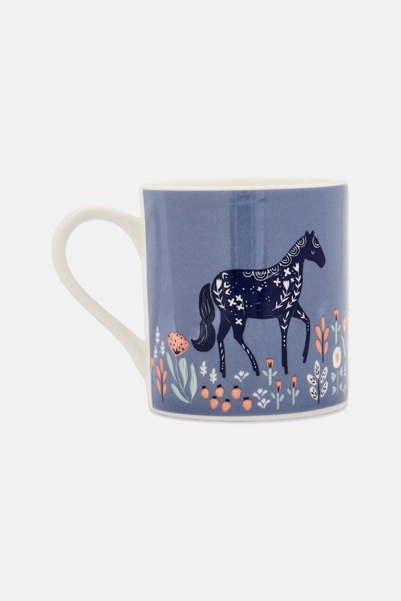 KitchenCraft Bone China Woodcut Horse 250ml, Blue - Image 1