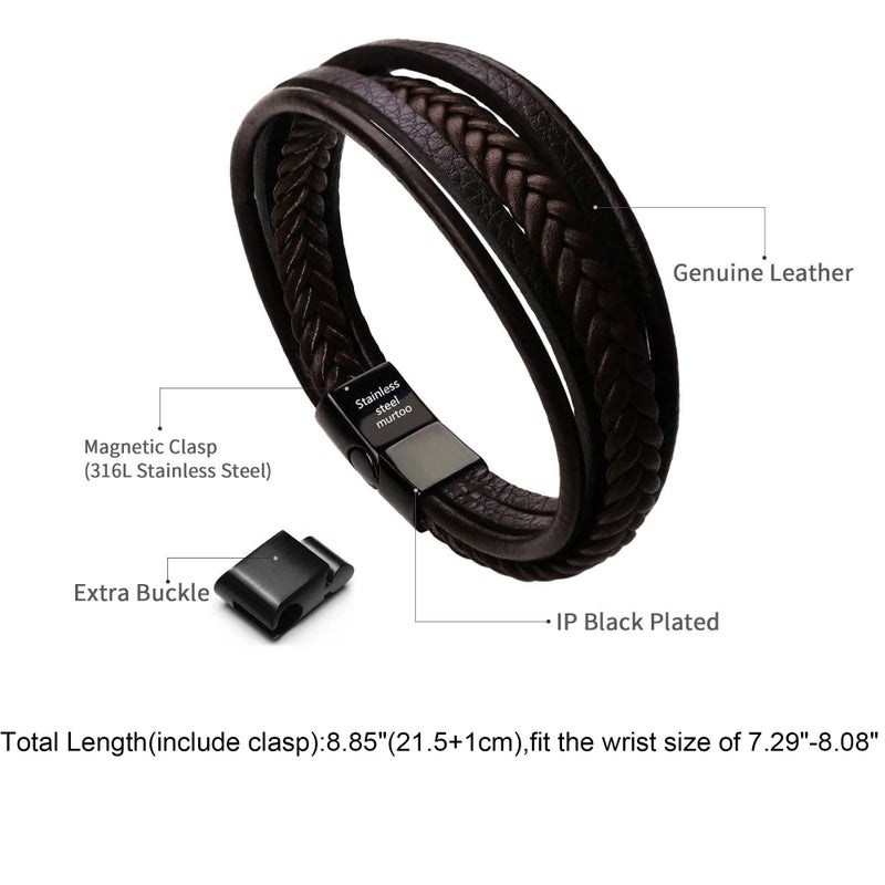 murtoo Mens Leather Bracelet with Clasp Cowhide Multi-Layer Braided Leather Mens Bracelet - Image 2