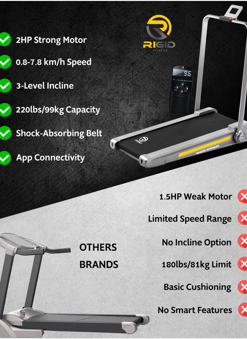 RIGID FITNESS - Fitness 2-In-1 Foldable Jogging Incline Treadmill For Home & Office - Under Desk Walking Pad With Handrail, Powerful Motor 2Hp Peak, Speed To 8 Km/H, 3 Adjustable Levels, Holds Up To 218Lbs/99Kg - Image 1
