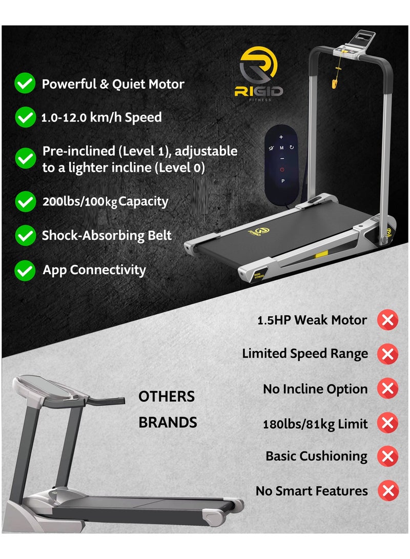 RIGID FITNESS 2-in-1 Foldable Jogging Incline Mini Treadmill for Home & Office - Under Desk Walking Pad with Handrail, Powerful Quiet Motor, Speed up to 12km/h, 2 Incline Levels, Holds up to 220lbs/100kg - Image 2