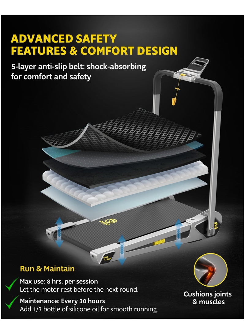 RIGID FITNESS 2-in-1 Foldable Jogging Incline Mini Treadmill for Home & Office - Under Desk Walking Pad with Handrail, Powerful Quiet Motor, Speed up to 12km/h, 2 Incline Levels, Holds up to 220lbs/100kg - Image 5