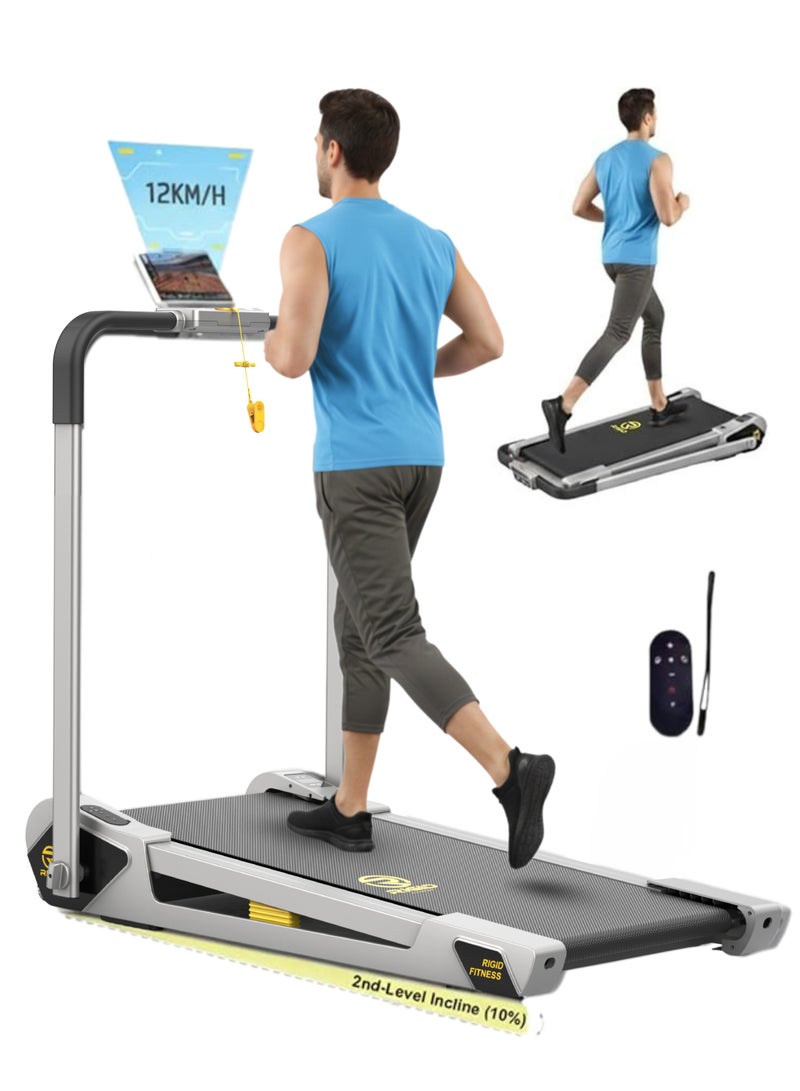 RIGID FITNESS 2-in-1 Foldable Jogging Incline Mini Treadmill for Home & Office - Under Desk Walking Pad with Handrail, Powerful Quiet Motor, Speed up to 12km/h, 2 Incline Levels, Holds up to 220lbs/100kg - Image 1