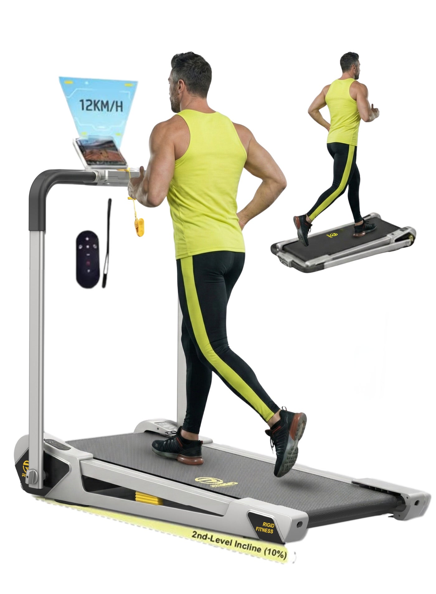 2-in-1 Foldable Jogging Incline Mini Treadmill for Home & Office - Under Desk Walking Pad with Handrail, Powerful Quiet Motor, Speed up to 12km/h, 2 Incline Levels, Holds up to 220lbs/100kg