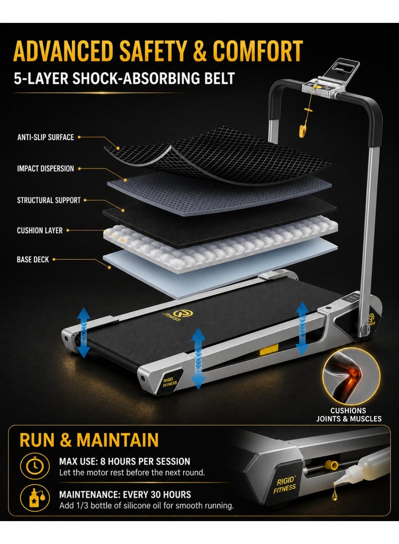 RIGID FITNESS 2-in-1 Foldable Jogging Incline Mini Treadmill for Home & Office - Under Desk Walking Pad with Handrail, Powerful Quiet Motor, Speed up to 12km/h, 2 Incline Levels, Holds up to 220lbs/100kg - Image 5