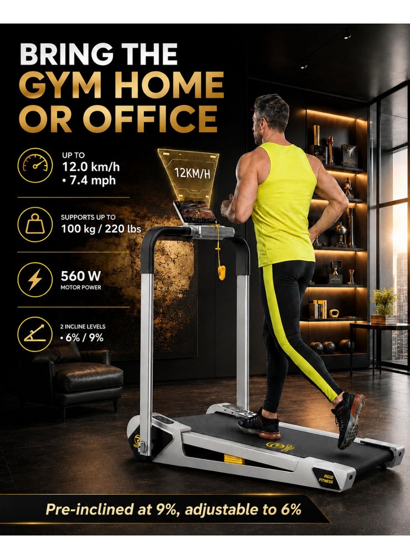 RIGID FITNESS 2-in-1 Foldable Jogging Incline Mini Treadmill for Home & Office - Under Desk Walking Pad with Handrail, Powerful Quiet Motor, Speed up to 12km/h, 2 Incline Levels, Holds up to 220lbs/100kg - Image 3