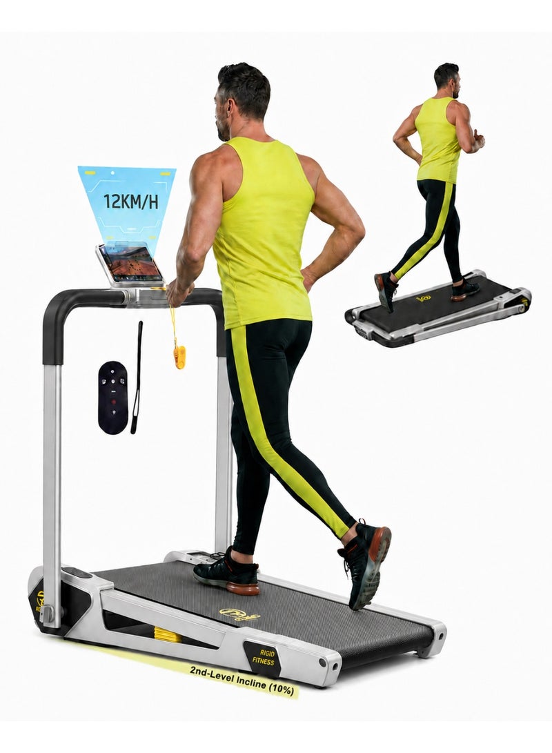 RIGID FITNESS 2-in-1 Foldable Jogging Incline Mini Treadmill for Home & Office - Under Desk Walking Pad with Handrail, Powerful Quiet Motor, Speed up to 12km/h, 2 Incline Levels, Holds up to 220lbs/100kg - Image 1