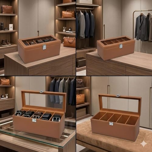 essart Luxury 5 Slot Belt Case for Men – Faux Leather Travel Belt Organizer | Compact Roll Storage with Individual Compartments in Tan color - Image 2