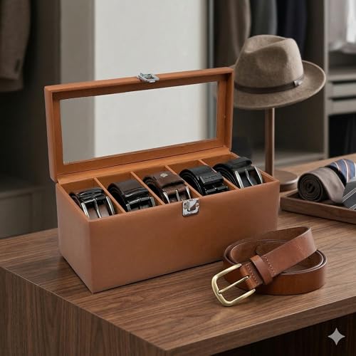essart Luxury 5 Slot Belt Case for Men – Faux Leather Travel Belt Organizer | Compact Roll Storage with Individual Compartments in Tan color - Image 3