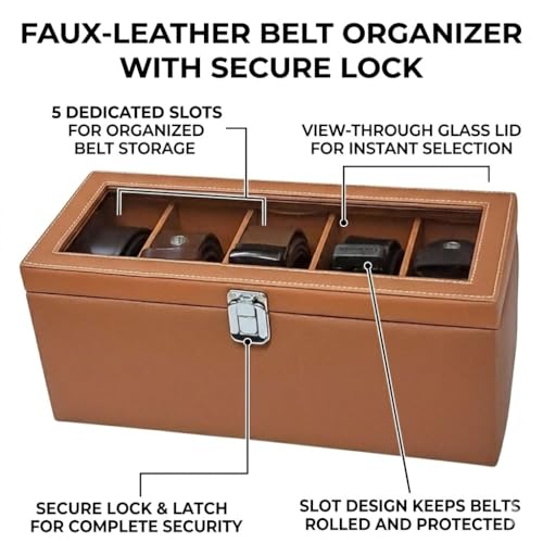 essart Luxury 5 Slot Belt Case for Men – Faux Leather Travel Belt Organizer | Compact Roll Storage with Individual Compartments in Tan color - Image 5