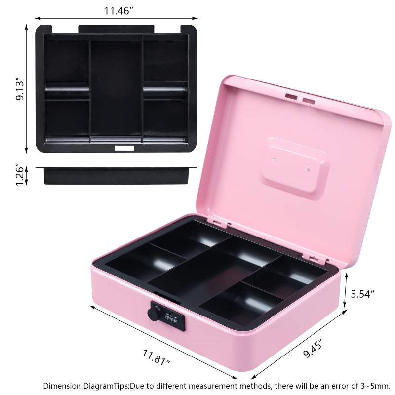 KYODOLED Metal Cash Box with Combination Lock Money Box for Cash Safe Metal Box with Money Tray for Security Lock Box 11.81"x 9.45"x 3.54" Pink X Large - Image 5