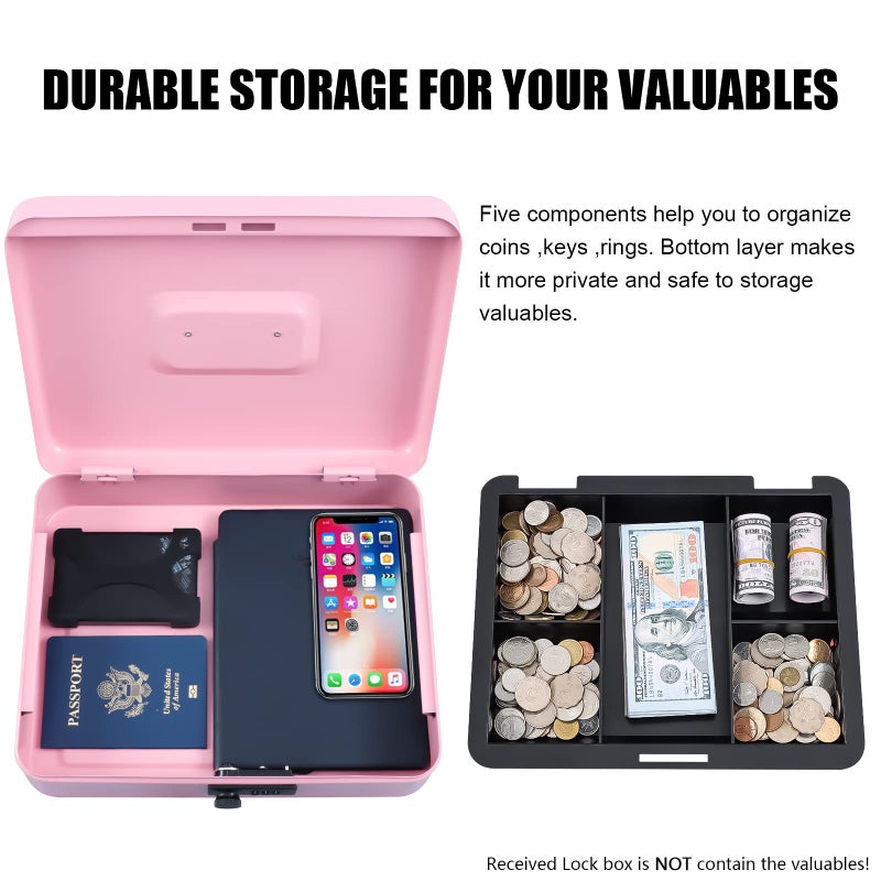 KYODOLED Metal Cash Box with Combination Lock Money Box for Cash Safe Metal Box with Money Tray for Security Lock Box 11.81"x 9.45"x 3.54" Pink X Large - Image 4