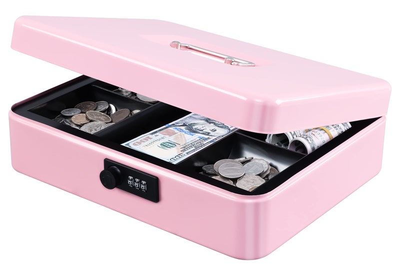 KYODOLED Metal Cash Box with Combination Lock Money Box for Cash Safe Metal Box with Money Tray for Security Lock Box 11.81"x 9.45"x 3.54" Pink X Large - Image 1