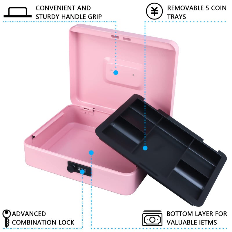 KYODOLED Metal Cash Box with Combination Lock Money Box for Cash Safe Metal Box with Money Tray for Security Lock Box 11.81"x 9.45"x 3.54" Pink X Large - Image 2