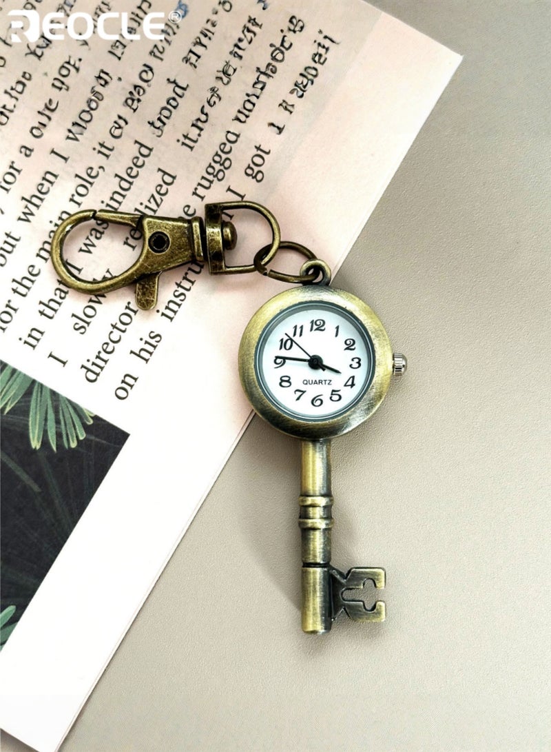 REOCLE Vintage Keychain Antique Style Skeleton Key Design Quartz Pocket Watch with Lobster Clasp Decorative Keychain Watch for Daily Carry and Collectible Use - Image 2
