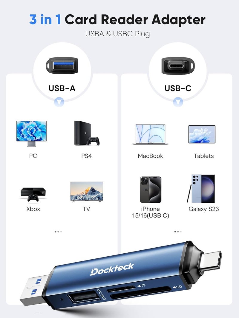 دوكتيك محول قارئ بطاقات SD من Dockteck، قارئ بطاقات SD/TF بسرعة عالية 5G وبتقنية USB3.0، يحتوي على 3 فتحات لقراءة بطاقات USB A/C إلى بطاقات SD/Micro SD/USB A، يدعم تقنية OTG للتوصيل الفوري (Plug&Play). - Image 5