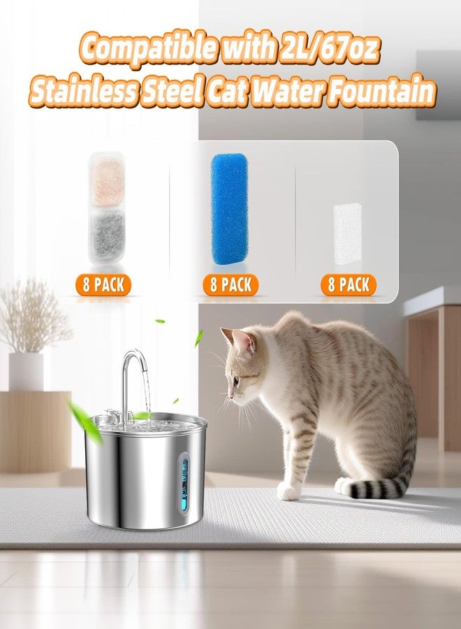 DrFlito 8 Sets Cat Water Fountain Filter Compatible with oneisall 67oz/2L Stainless Steel Cat Water Fountain, Activated Carbon Ion Resin Food Grade PP Cotton, Fresh and Clean - Image 2