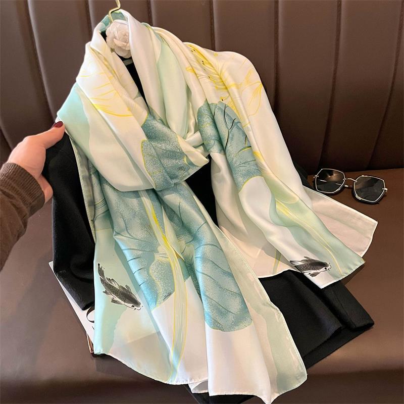 New Summer Lotus Yourou Yarn Long Scarf Shawl Scarf Sunscreen Li Jin Forged Printing Baotou Scarf Direct Selling White 