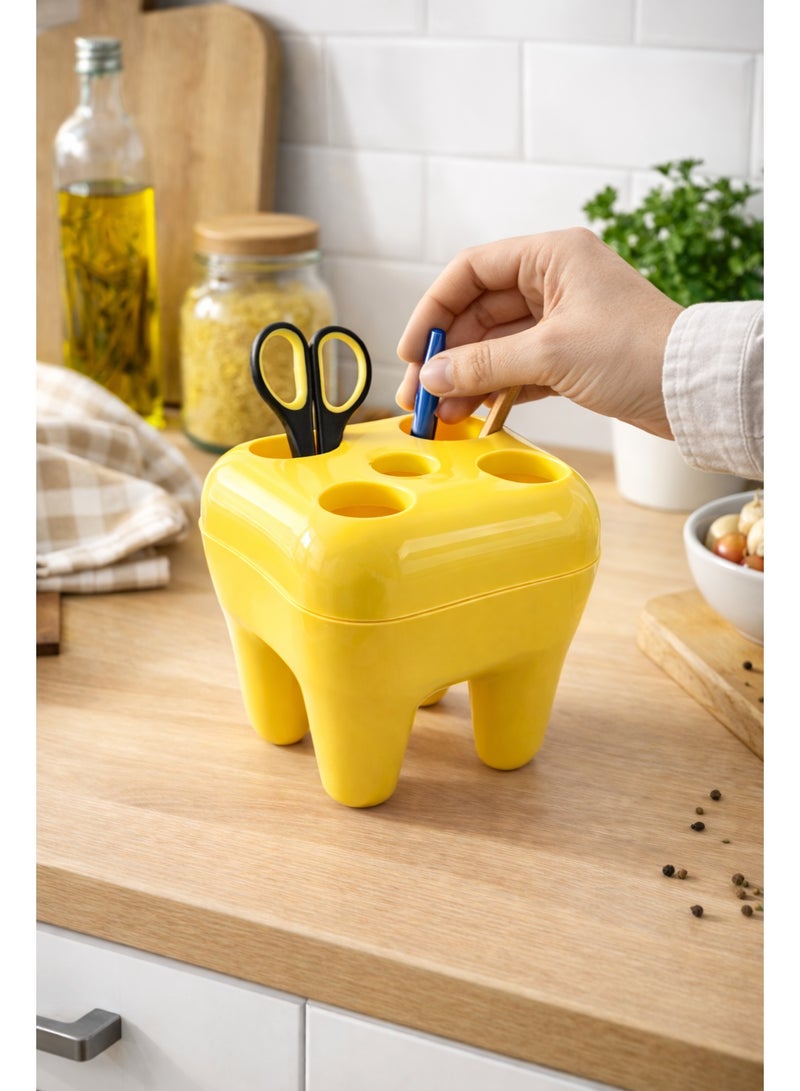 حامل ومنظم أقلام وفرش أسنان بلاستيك بتصميم مبتكر على شكل ضرس للمكتب والحمام - أصفر - Image 2
